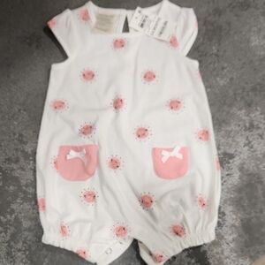 White Baby Romper with Pink Sun Prints and Pockets